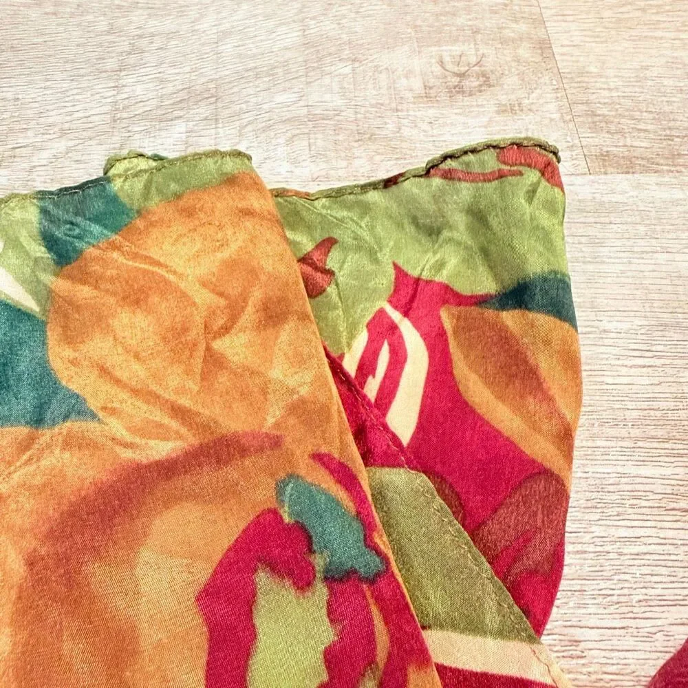 Vintage Silk Watercolor Scarf Floral Green Burgundy Berry